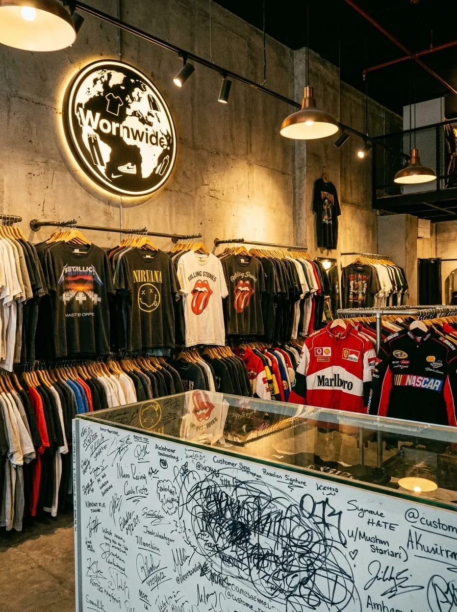 The WORNWIDE shop counter covered with customer signatures
