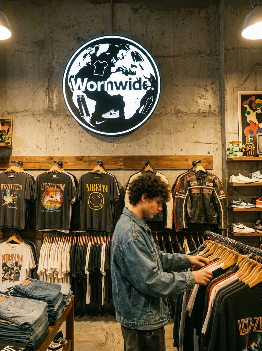 Inside the WORNWIDE store in Dubai — vintage racks under the WORNWIDE globe sign